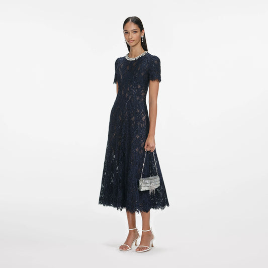 Navy Lace Embellished Midi Dress