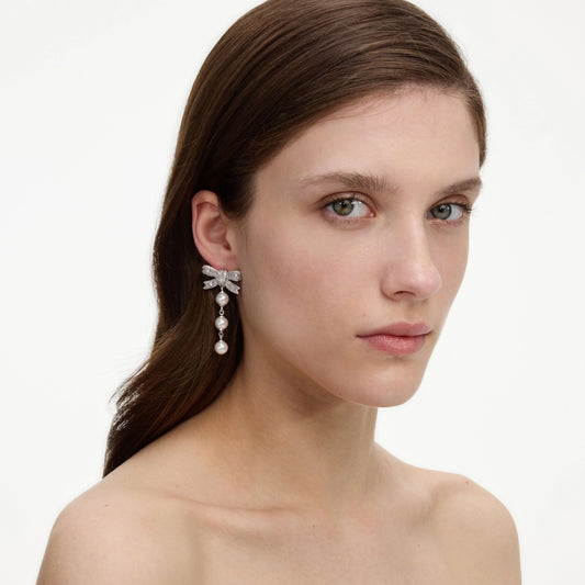 Crystal Bow Pearl Droplet Earrings