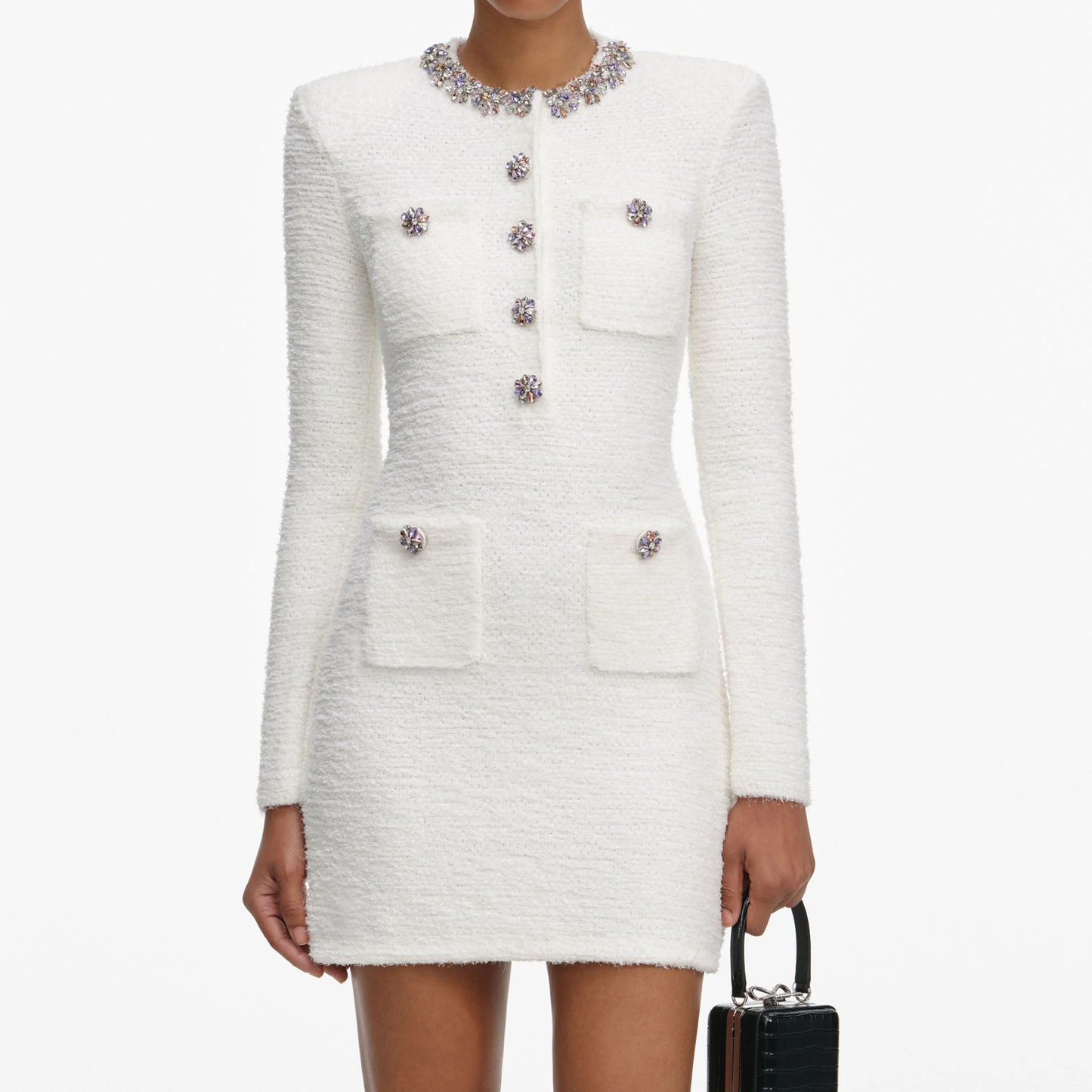 Cream Crystal Trim Knit Mini Dress