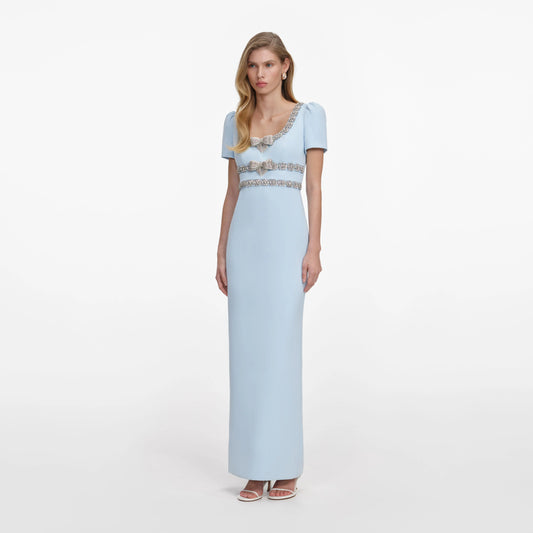 Blue Crepe Embellished Bow Maxi Dress