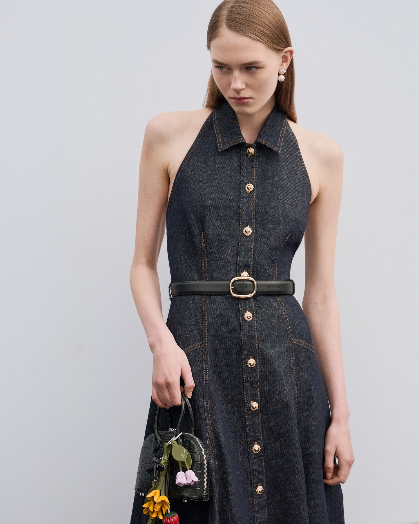 Indigo Denim Halterneck Midi Dress