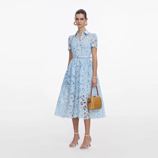 Blue Lace Collared Midi Dress