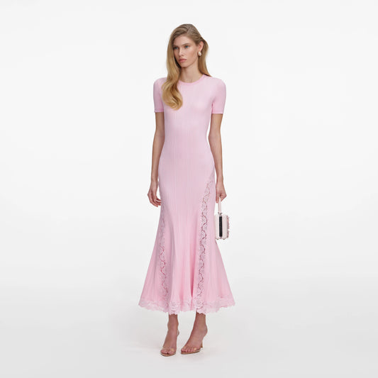 Pink Knit Lace Insert Midi Dress