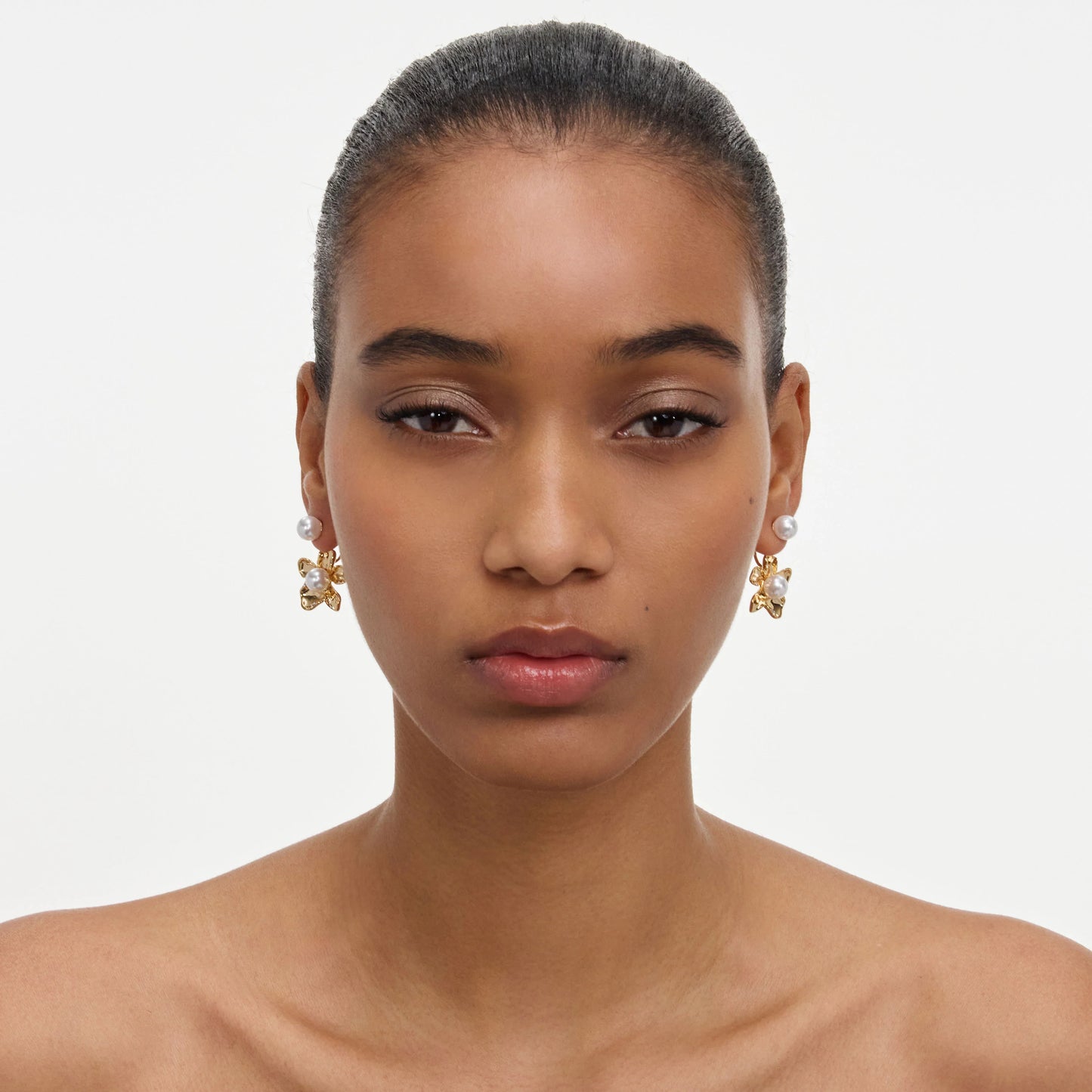 Gold Flower Pearl Jacket Earrings