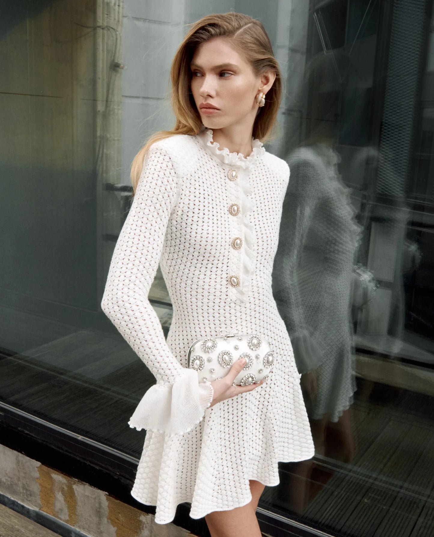White Lace Collared Pointelle Knit Mini Dress