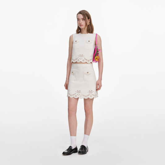 Cream Broderie Denim Mini Skirt