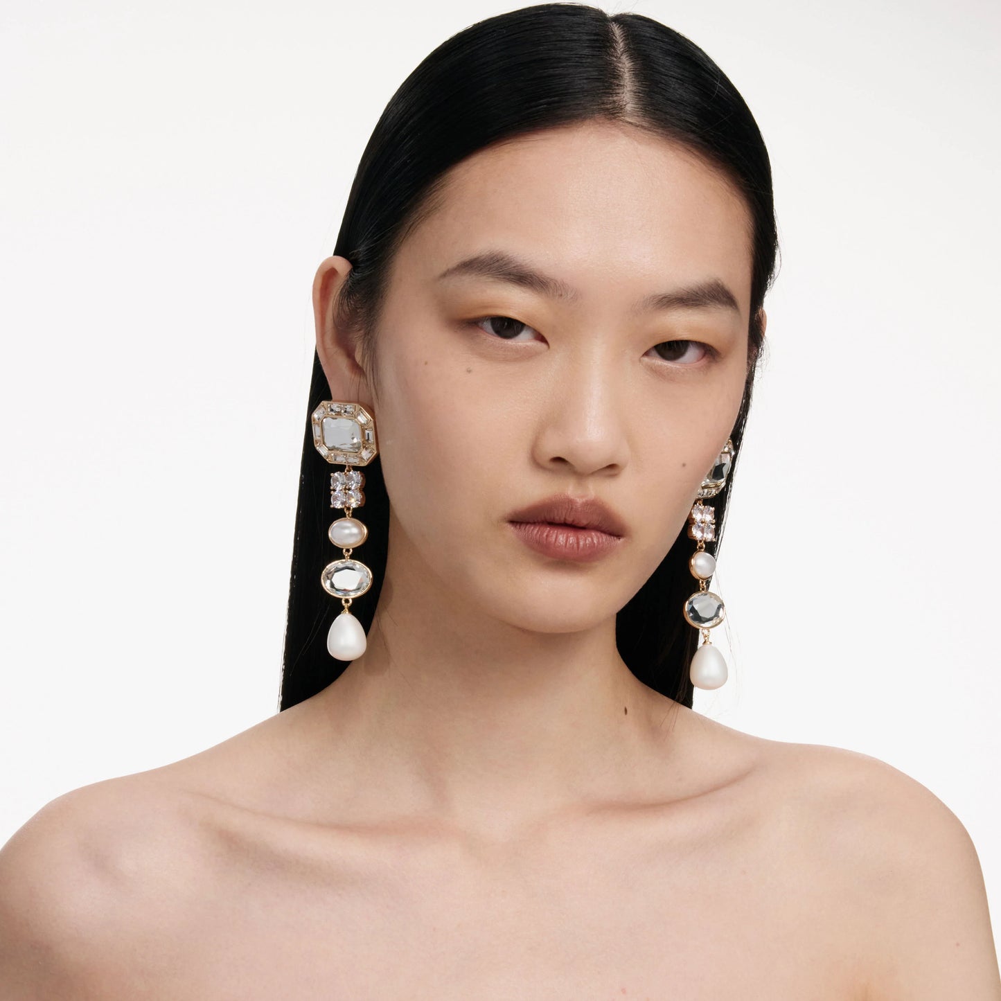 Gold Crystal Pearl Tiered Earrings