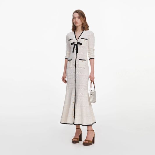 White Pointelle Knit Long Cardigan
