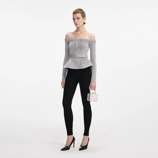 Grey Chenille Knit Crystal Trim Top