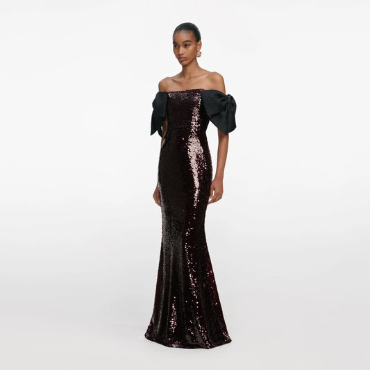 Brown Sequin Bow Maxi Dress