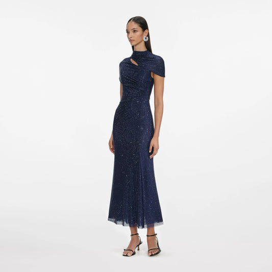Navy Rhinestone Mesh Cut Out Midi Dress