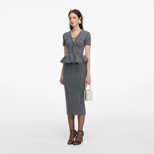 Grey Peplum Knit Midi Dress