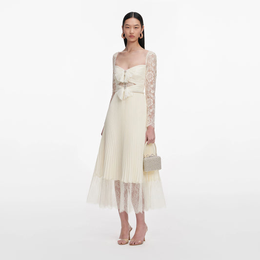 Cream Chiffon Lace Midi Dress