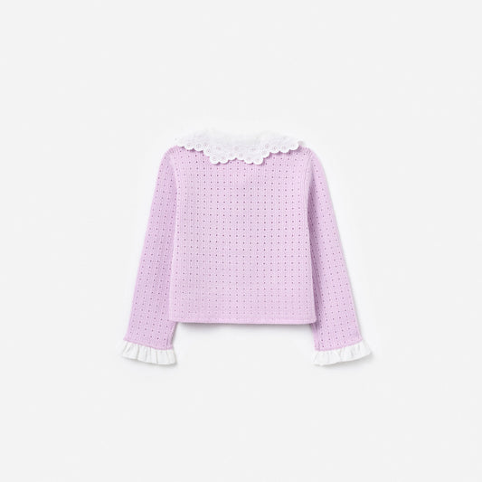 Pink Pointelle Ribbed Knit Cardigan