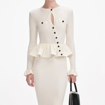 Cream Asymmetric Knit Midi Dress