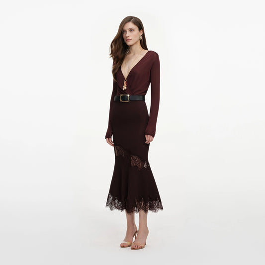 Brown Ribbed Knit Midi Skirt