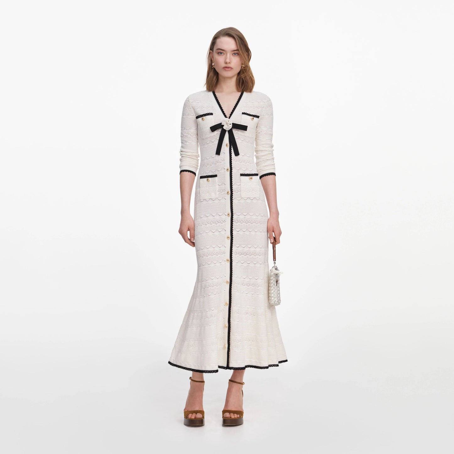 White Pointelle Knit Long Cardigan