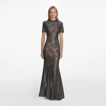 Gunmetal Rhinestone Mesh Maxi Dress
