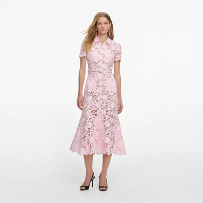 Pink Lace Collared Midi Dress