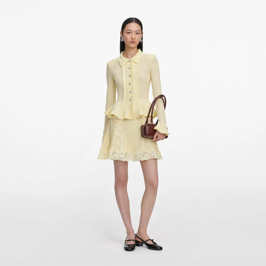 Yellow Pointelle Peplum Knit Mini Dress