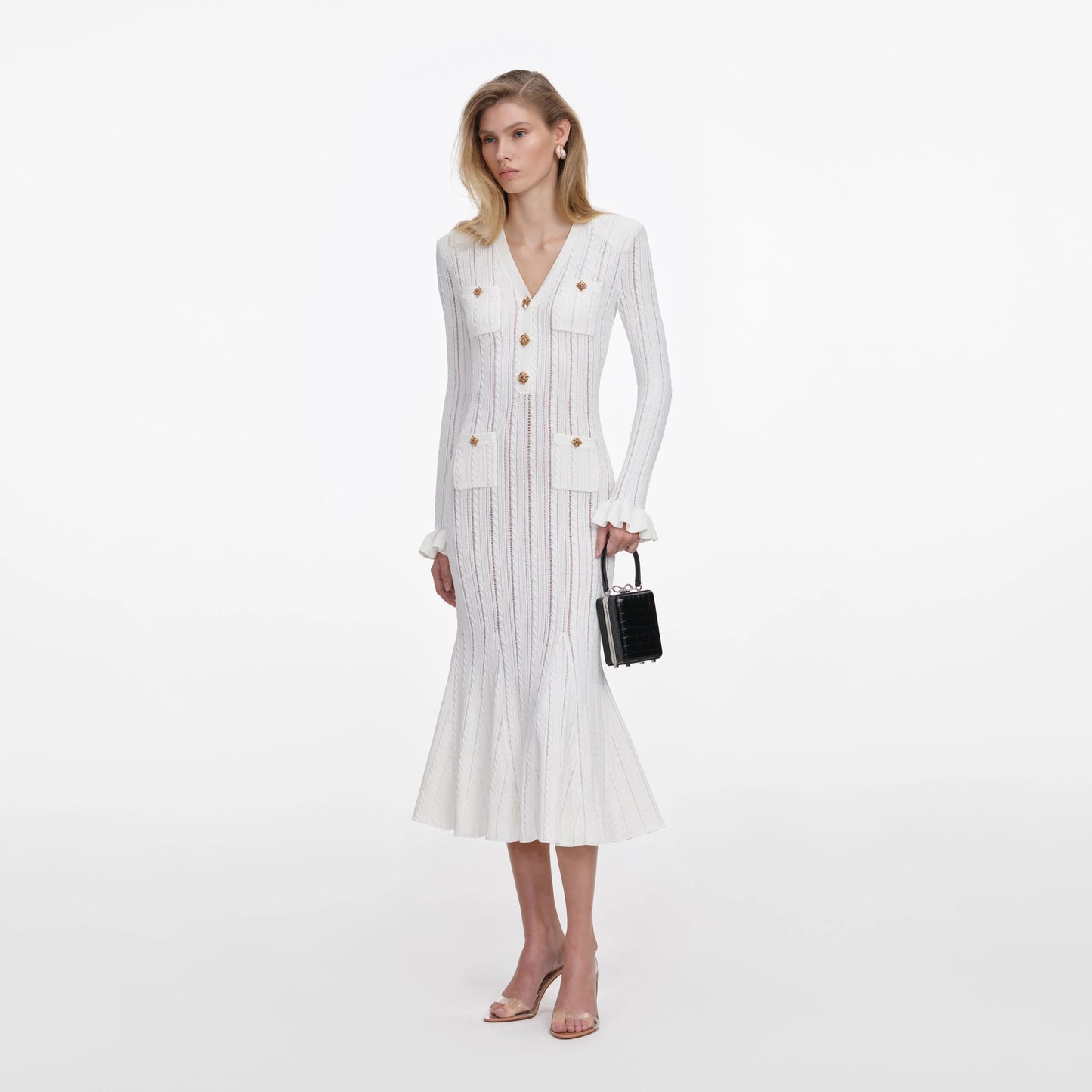 White Pointelle Knit Midi Dress