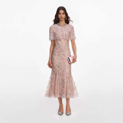 Pink Embellished Cape Midi Dress