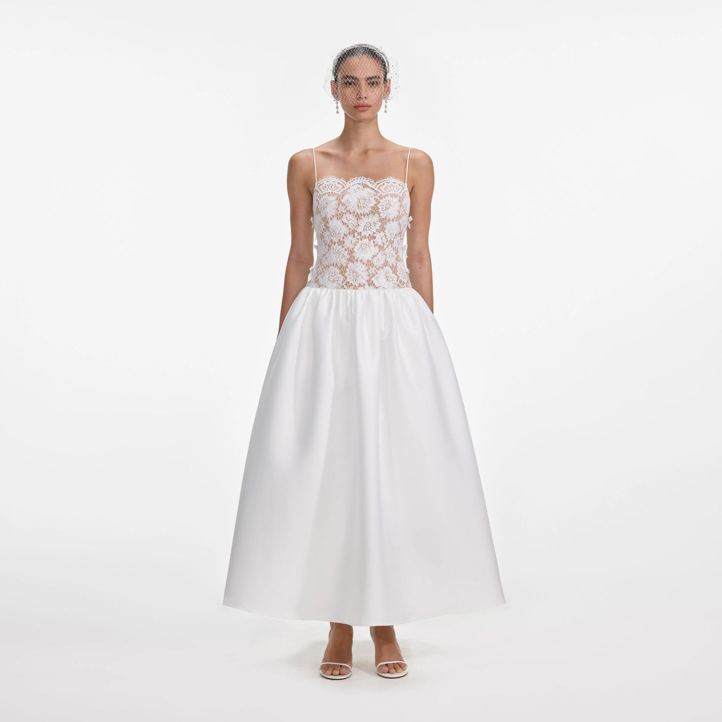 White Lace Taffeta Maxi Dress