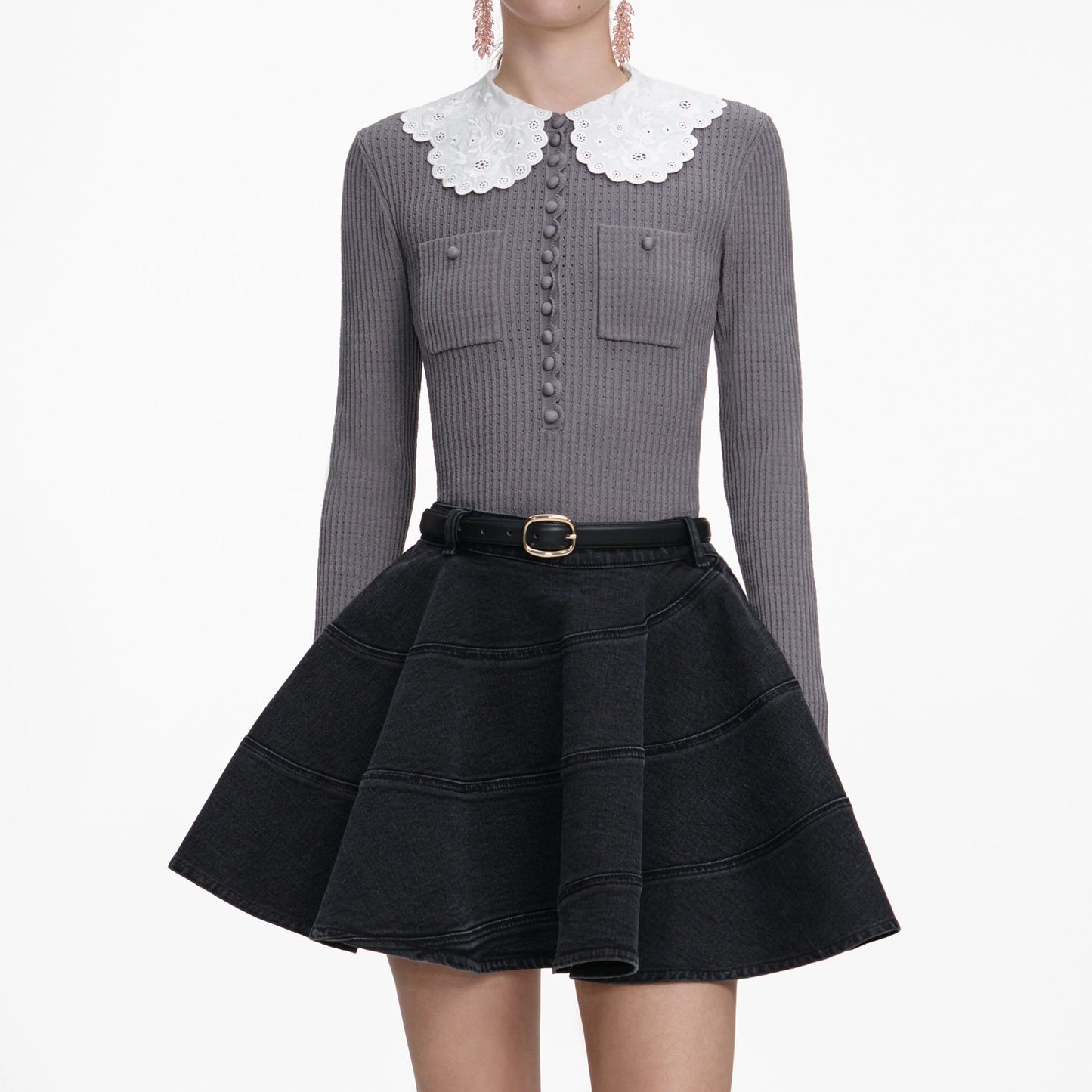 Grey Lace Collar Knit Top