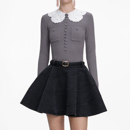 Grey Lace Collar Knit Top