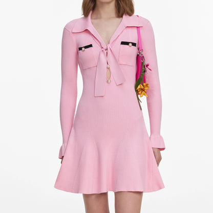 Pink Viscose Knit Tie Mini Dress