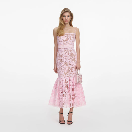 Pink Crochet Lace Midi Dress