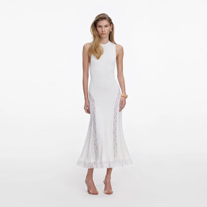 White Knit Lace Insert Midi Dress