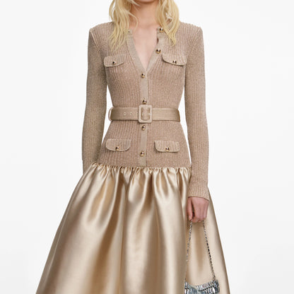 Gold Knit Taffeta Midi Dress