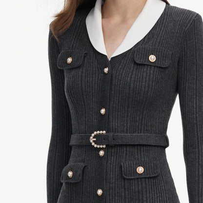 Grey Ribbed Knit Cardigan