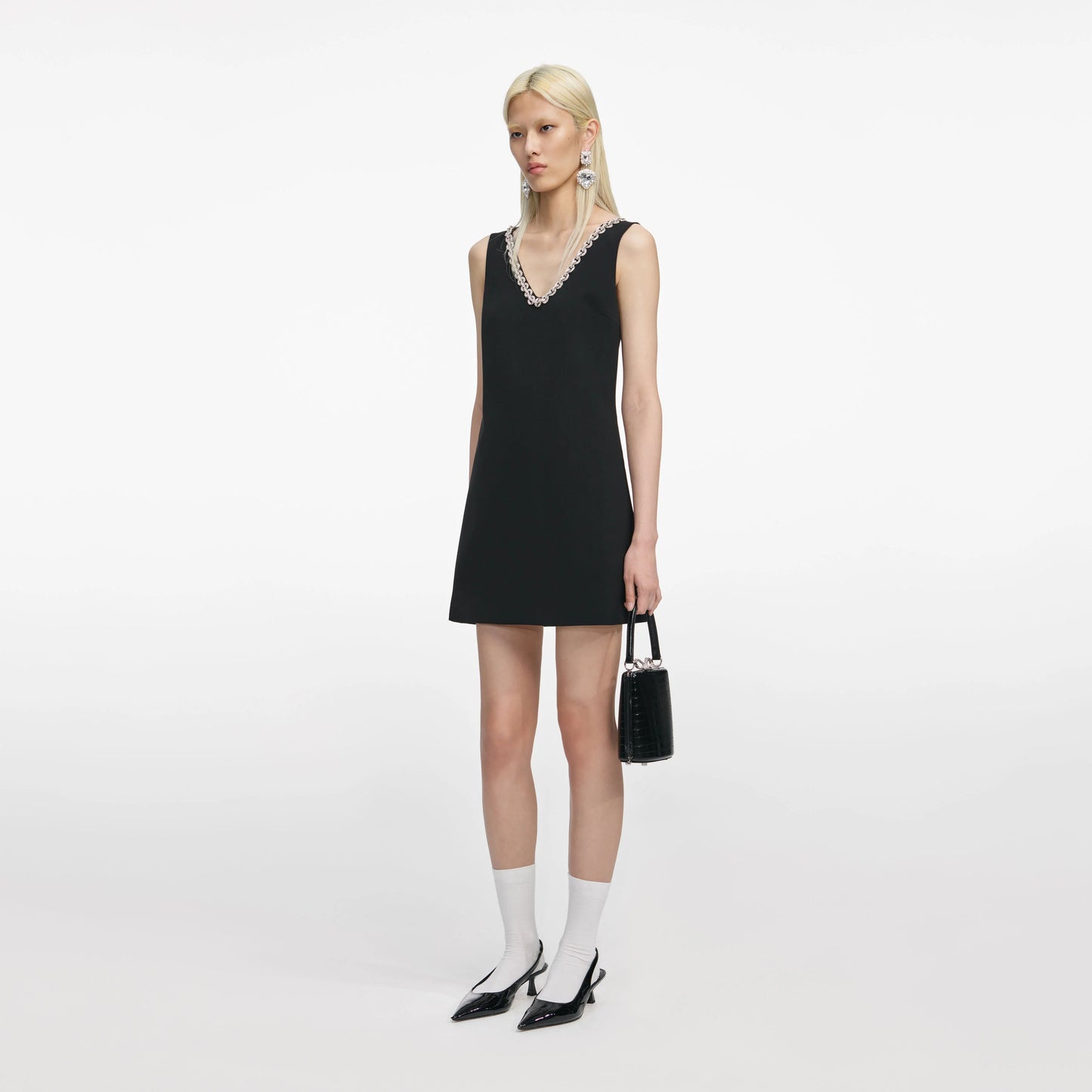 Black Crepe Crystal Trim Mini Dress
