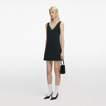 Black Crepe Crystal Trim Mini Dress
