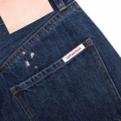 Blue Embellished Barrel Leg Jeans