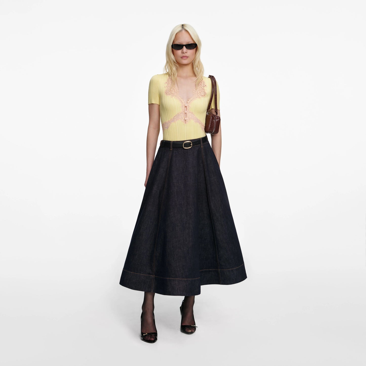 Indigo Denim Flared Midi Skirt