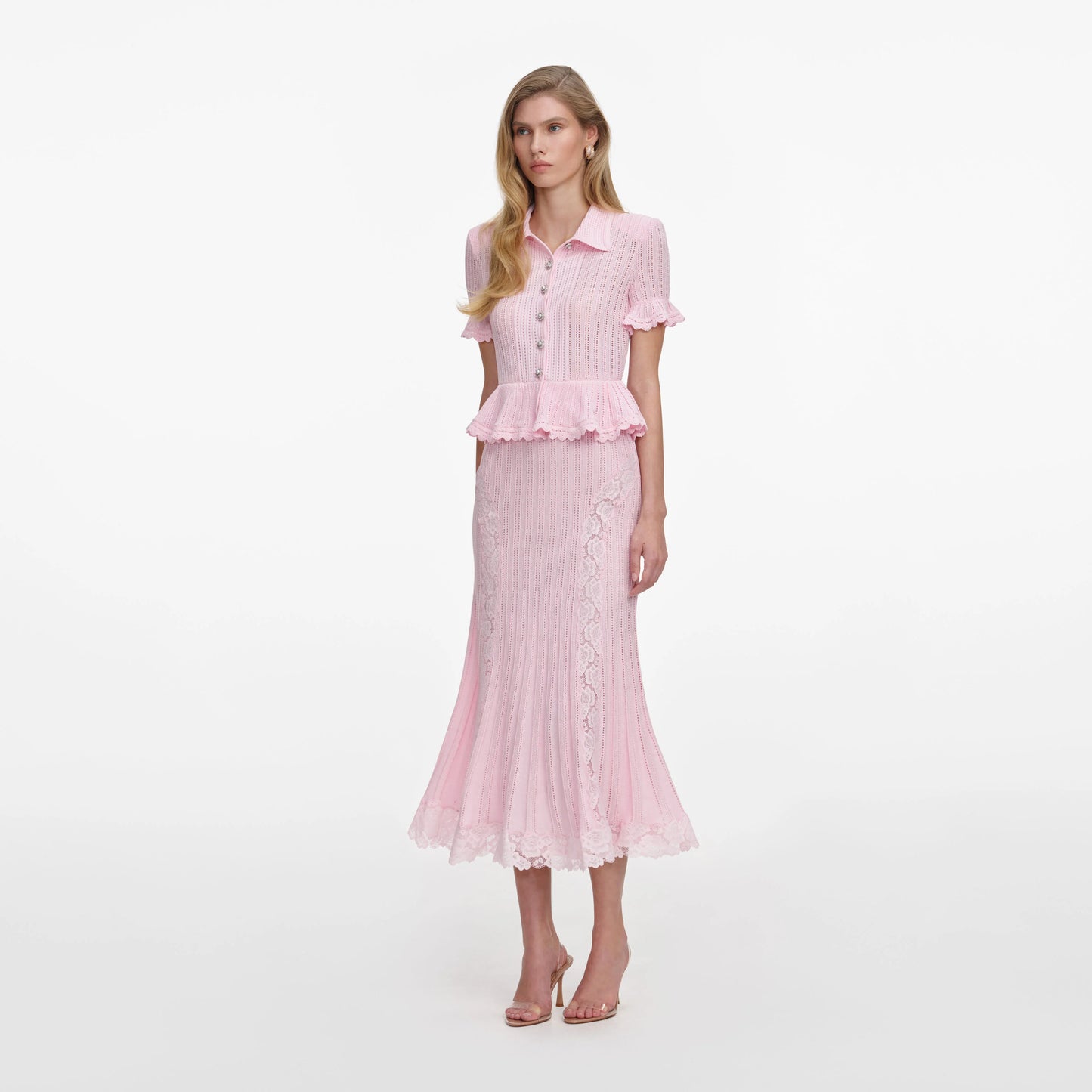 Pink Pointelle Peplum Knit Midi Dress