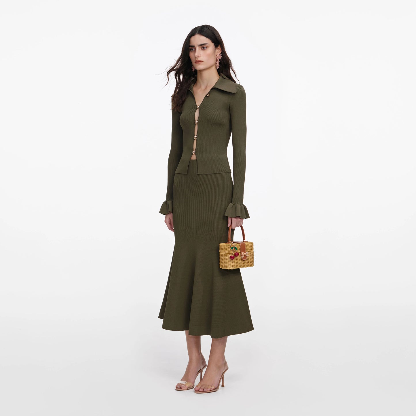 Khaki Knit Midi Skirt