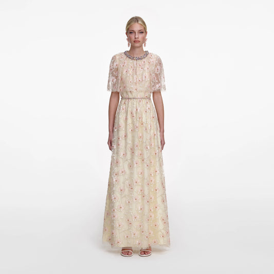 Champagne Floral Embellished Maxi Dress