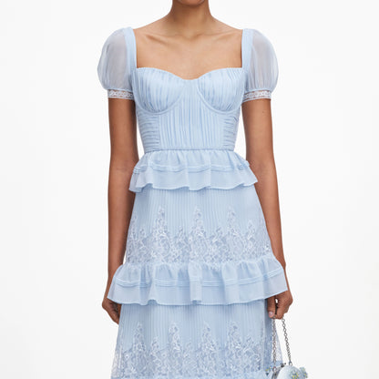 Blue Chiffon Short Sleeve Midi Dress