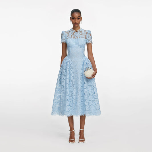 Blue Fine Lace Midi Dress