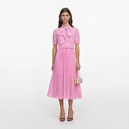 Pink Georgette Tie Neck Midi Dress