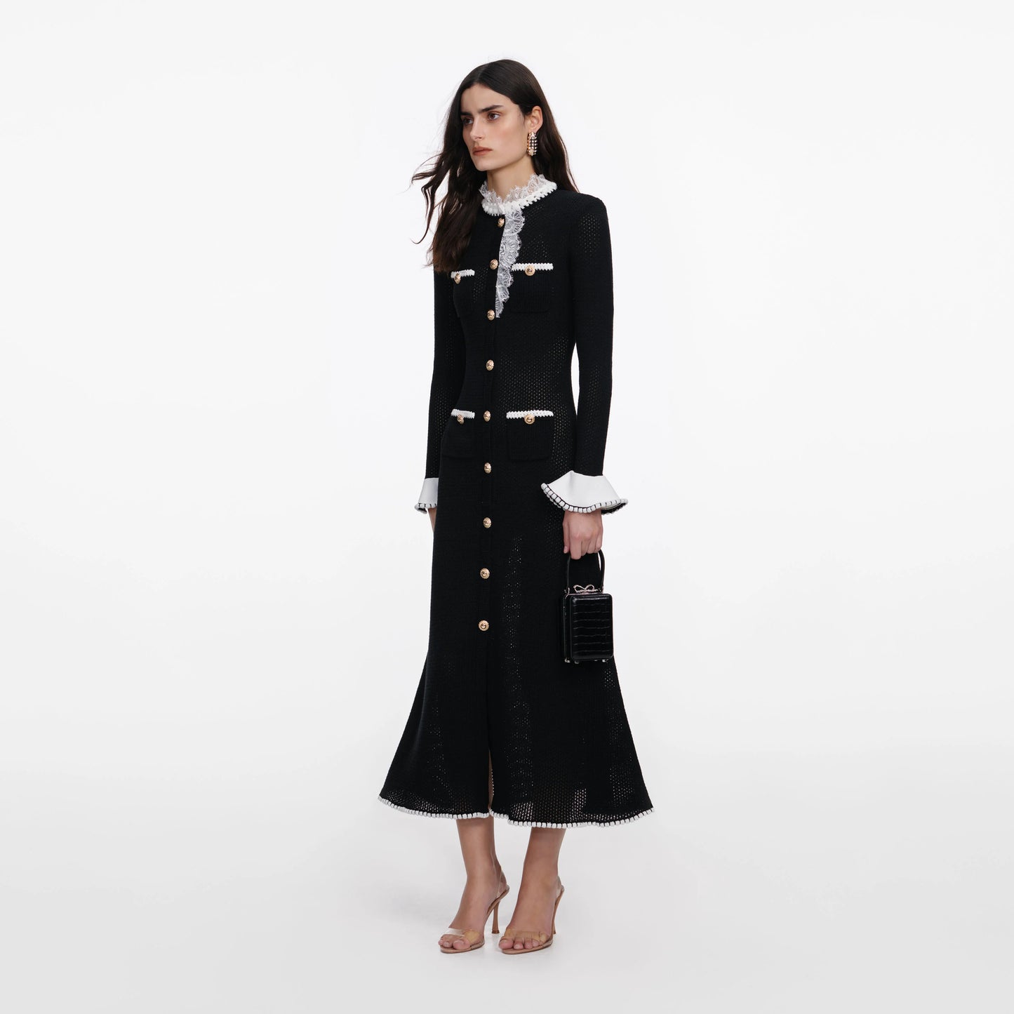 Black Lace Trim Knit Midi Dress
