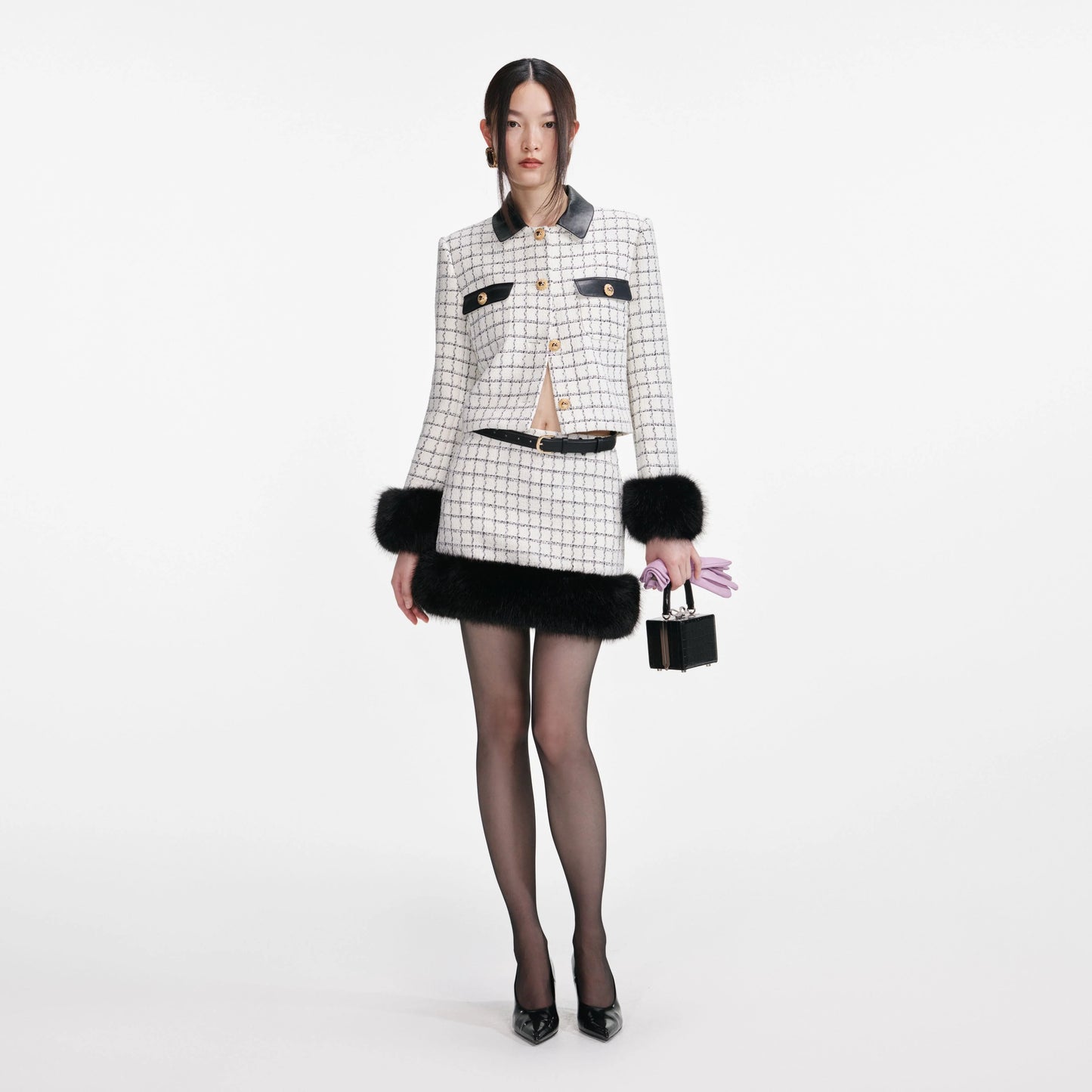 Check Boucle Fur Hem Mini Skirt