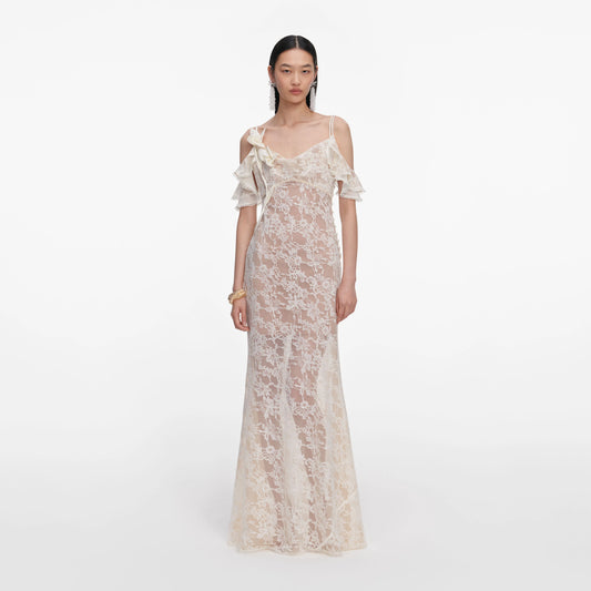 Cream Lace Flower Maxi Dress