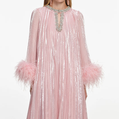 Pink Metallic Chiffon Feather Midi Dress