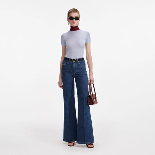 Blue Viscose Knit Short Sleeve Top