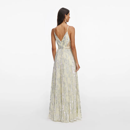Yellow Metallic Chiffon Maxi Dress